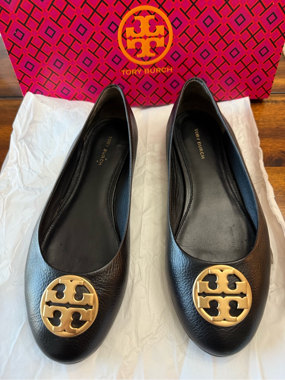 Tory Burch Black Leather Ballet Flats with Gold Logo Medallion